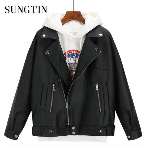 Sungtin Soft Loose Faux Leather Jacket Women Black Biker Motorcycle Coat Autumn Winter PU Short Streetwear Punk Boyfriend Style ► Photo 1/6