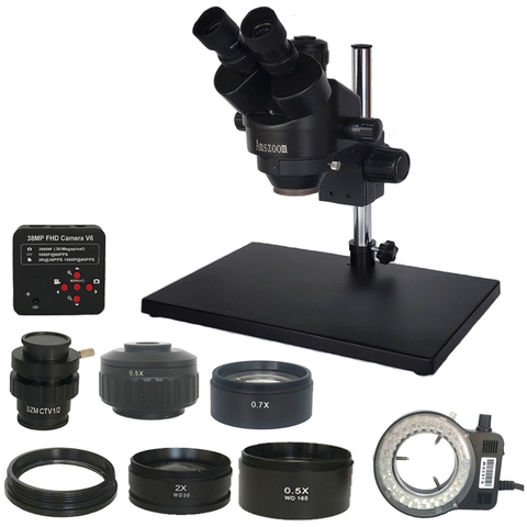 Russia Free shipping 7-45X 3.5X-90X Trinocular Stereo Zoom Big table stand Microscope with 0.5X 2.0X Auxiliary Objective Lens ► Photo 1/6