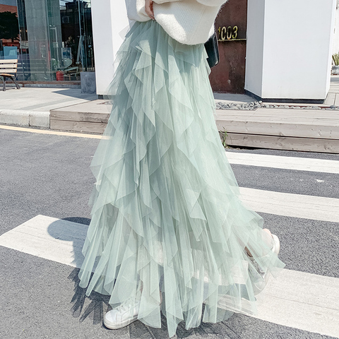 Fashion Tutu Tulle Skirt Women Long Maxi Skirt 2022 Spring  Korean Black Pink High Waist Pleated Skirt Female ► Photo 1/5