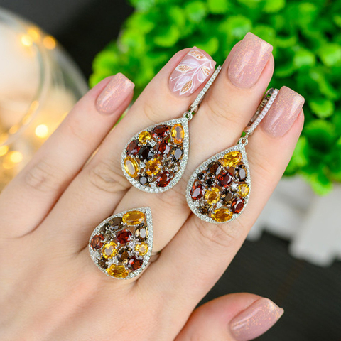 GEM'S BALLET Natural Smoky Quartz Citrine Gemstone Drop Earrings Ring Sets Pure 925 Sterling Silver Jewelry Set For Women Fine ► Photo 1/6