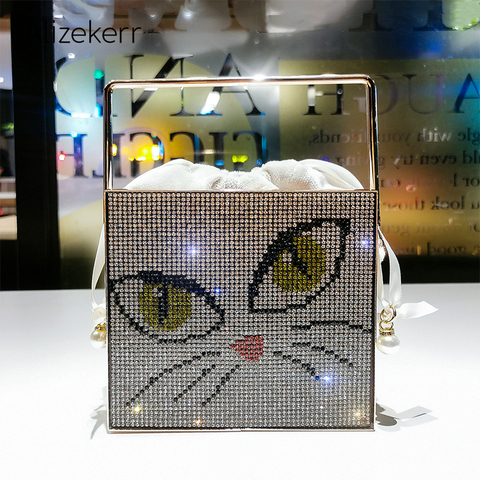 Cartoon Cat Diamond Dinner Bag Women 2022 New Cute Rhinestone Metal Handle Small Square Handbag Female Chic Cage Dinner Purse ► Photo 1/6