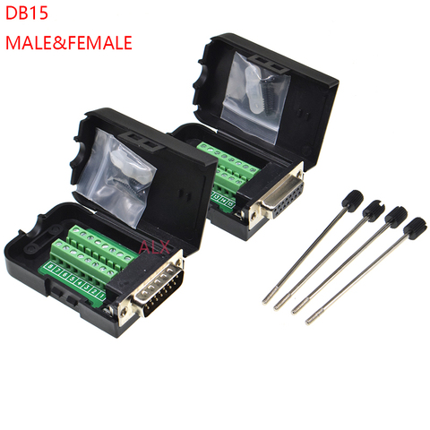 1PCS DB15 15PIN 2 row male female plug connector terminal adapter with black shell D-SUB wire cable free solder ► Photo 1/4