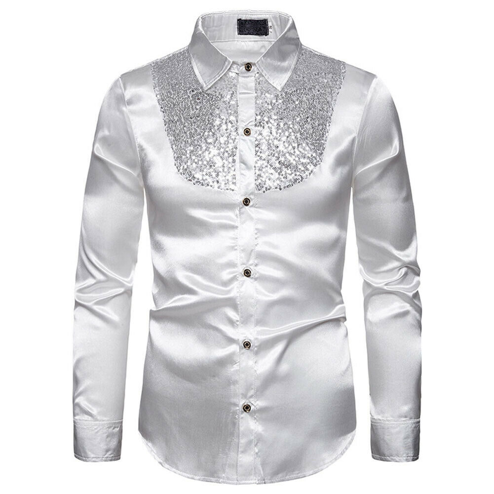 Mens Sequins Disco Shirts Long Sleeve Button Down Nightclub Party Top 