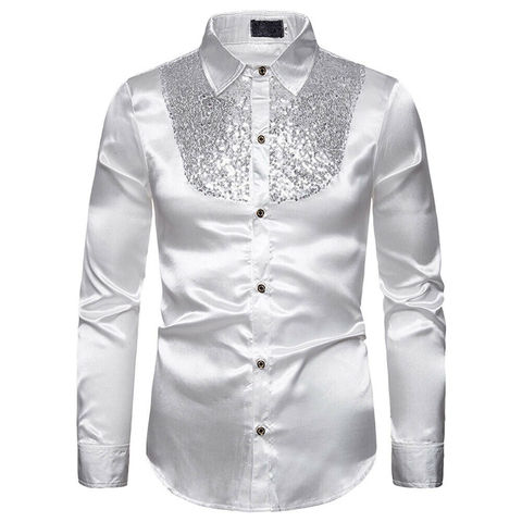 Men's Luxury Sequin Glitter Shirts New Long Sleeve Silk Satin Shiny Disco Party Shirt Men top Stage Dance Nightclub Prom Costume ► Photo 1/6