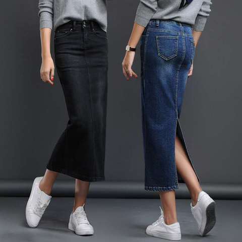 Lguc.H 2022 Denim Skirt Fashion Jeans Skirt Split Women Skirt High Waist Long Skirt Washed Black Blue Woman Clothes Femme ► Photo 1/6