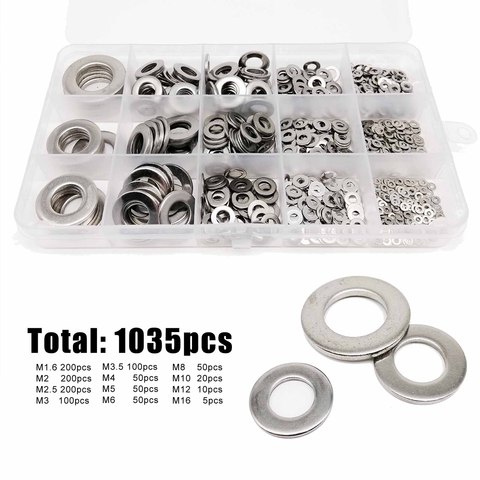 1035pcs M1.6 M2 M2.5 M3 M3.5 M4 M5 M6 M8 M10 M12 M16 304 A2-70 Stainless Steel GB97 Flat Washer Assortment Kit Plain Gasket Set ► Photo 1/1