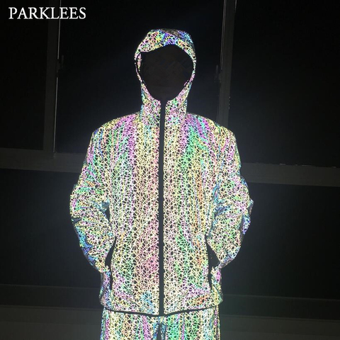 Colorful Hooded Reflective Jacket Men/Women 2022 Autumn Fluorescent Zipper Mens Jackets and Coats Casual Steetwear Windbreaker ► Photo 1/6