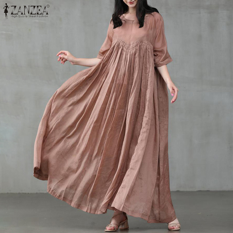 Plus Size Women's Summer Sundress ZANZEA 2022 Kaftan Pleated Maxi Dress Casual Half Sleeve Long Vestidos Female O Neck Robe ► Photo 1/6