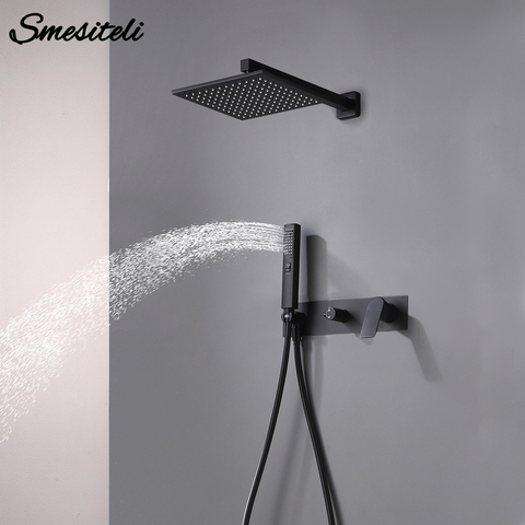 Smesiteli Brass Matte Black Wall-Mounted 2Function Double Switch Hot And Cold Water Concealed Rain Shower System Bathroom Faucet ► Photo 1/6