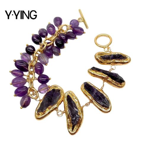 Y·YING Natural Purple Amethysts Rough With Electroplated Edge Asymmetric strand Bracelet 8
