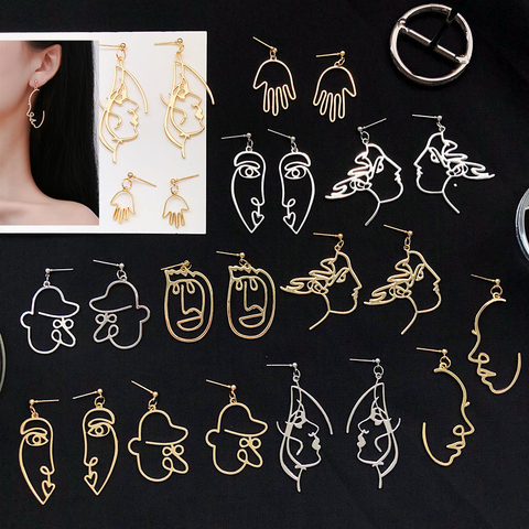Vintage Abstract Hollow Face Palm Alloy Drop Earrings For Women Retro Gold Silver Color Metal Picasso Style Dangle Earring A518 ► Photo 1/6