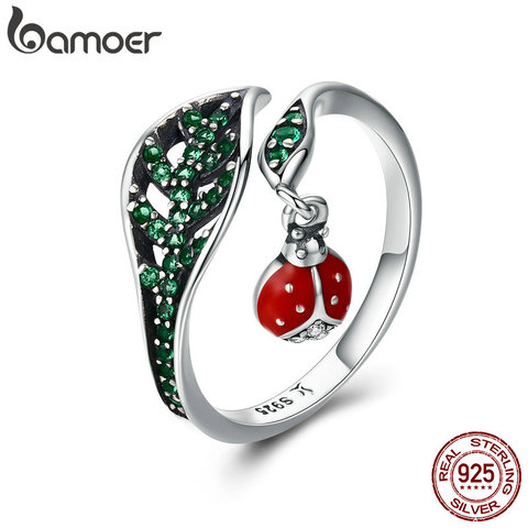 BAMOER 925 Sterling Silver Resting Ladybug Dangle in Tree Leaves Finger Rings for Women Sterling Silver Jewelry Gift SCR310 ► Photo 1/6