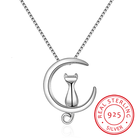 925 Sterling Silver Necklace For Women Moon Kitten Cat Necklaces & Pendants Link Chain Kolye S-n187 ► Photo 1/5