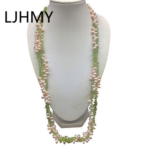 3 Strands Layered Pink Freshwater Cultured Pearl Peridot Semi-precious Stone Long Necklace  Statement Necklace Women 75cm Long ► Photo 1/6