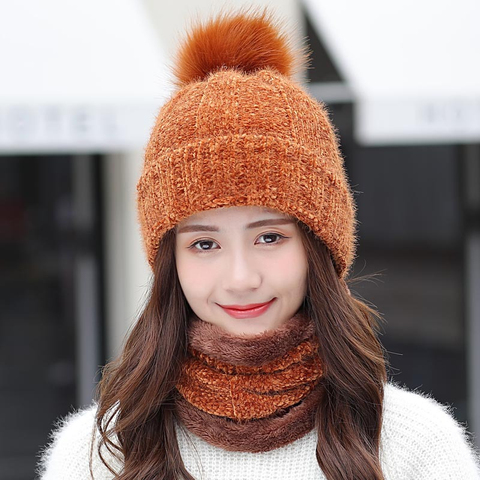 Brand New Winter Hat Women Velvet Thick Warm Skullies Beanie Hats Lady Chenille Knit Hat Bib Female Riding  Sets 2 Wool Caps ► Photo 1/6