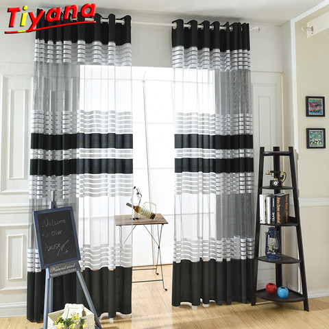 Transparent Tulle White Black Strips Curtains for Living Room Rural Style Yarn for Balcony W-ZH003#35 ► Photo 1/6