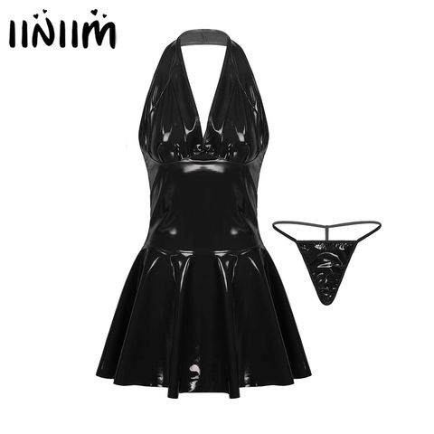 Womens Femme Faux Leather Pleated Mini Dress Sexy Sleeveless Backless Dress Nightclub A-line Sexy Costumes Body Latex Clubwear ► Photo 1/6