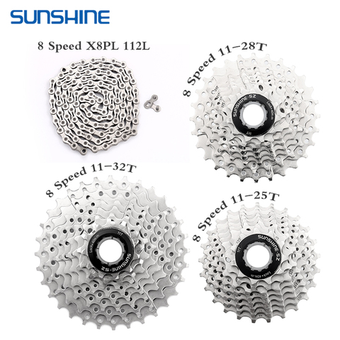 SUNSHINE MTB 8 Speed 25T 28T 32T Freewheel KMC X8PL 8V Chain 112 Links Road Bike Set 8s Cassette Mountain Bicycle Parts ► Photo 1/6