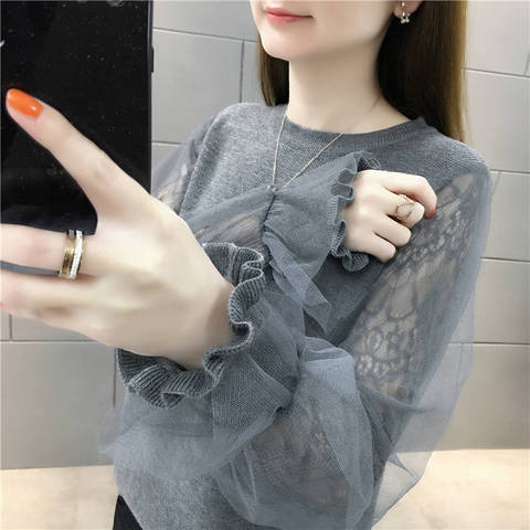 Woman Sweaters Mesh Lace Stitching Knitwear Short Sweater Women's Top Femme Chandails Pull Hiver ► Photo 1/6