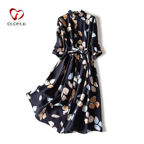 Large Size Chiffon Printed Dress Female Retro 2022 New Waist Three-quarter Sleeve Shirt Dress Loose Body Covering Bohemian Dress ► Photo 1/6