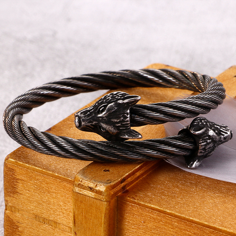 Punk Stainless Steel Matte Viking Wolf Dragon Charm Bangle Man Hip Hop Cable Wire Gold Animal Cuff Bracelet Men Jewelry ► Photo 1/6