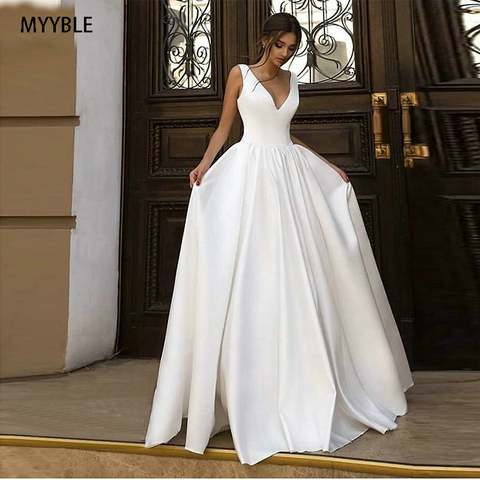 Elegant BOHO White Wedding Gowns Long 2022 Ivoey Beach Wedding Dress Simple V-Neck Satin Sleeveless Pageant Sexy Bridal Dresses ► Photo 1/6