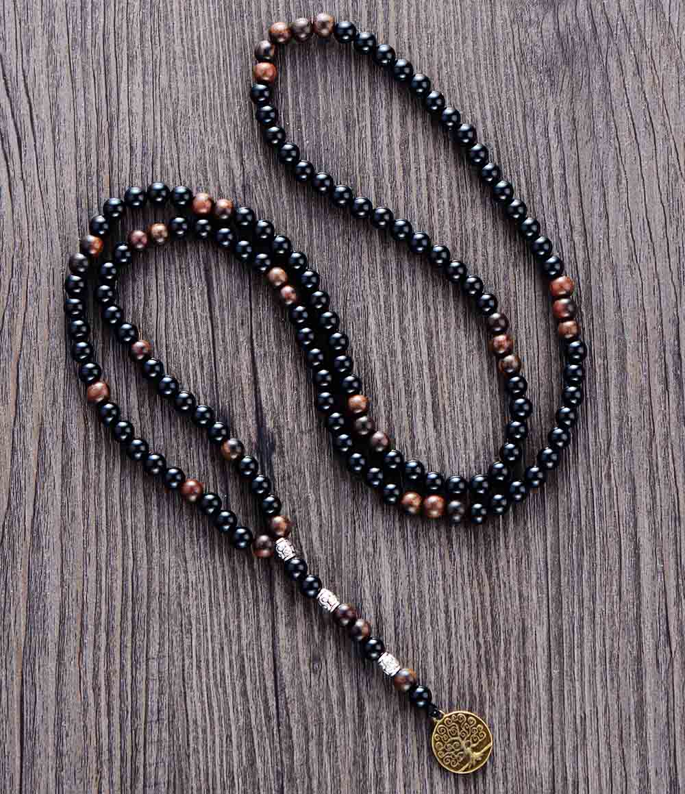 Long Lariat necklace with 8mm Natural stone beads and Hamsa Pendant Men Necklac 