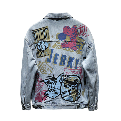 Hand Painted Graffiti Hip Hop Denim Jacket Men Hole Streetwear Oversized Harajuku Blue Jeans Jacket Fashion Denim Jacket Outwear ► Photo 1/5