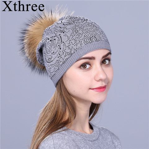 Xthree new Rhinestone Winter hat for women girl Warm Wool Knitted Beanie Skullie  Real Fur Pom Gorro Female Cap ► Photo 1/6