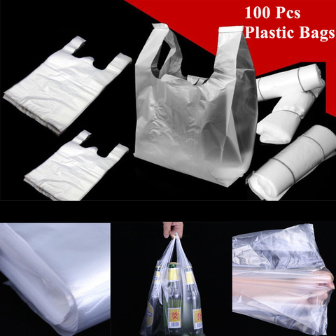 100pcs Supermarket Shopping Bag Transparent Bags Plastic Bags With Handle  Food Packaging