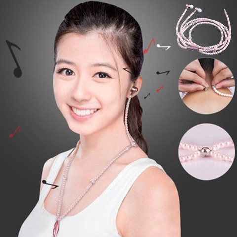 Pearl Necklace Earphone In-Ear Pink Rhinestone Necklace Jewelry Beads Earphones with Mic for Samsung Xiaomi Brithday Girls Gifts ► Photo 1/6