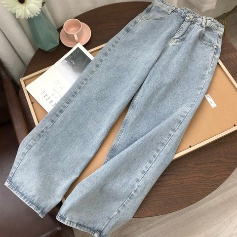 Light Blue Denim Trousers Vintage Wide Leg Pants Women Korean Straight Long Pants High Waist Casual Loose With Belt 2022 Autumn ► Photo 1/6