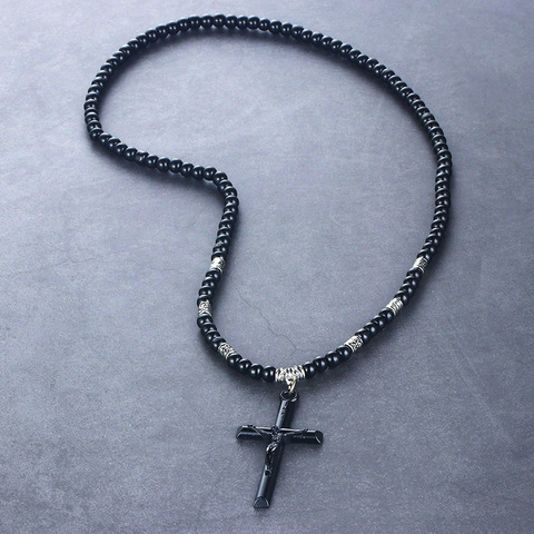 1 PC Religious Jesus Cross Pendant Necklaces Saint Benedict Medal Necklace for Men Stone Beads Rope Chain Black Unisex Jewelry ► Photo 1/6