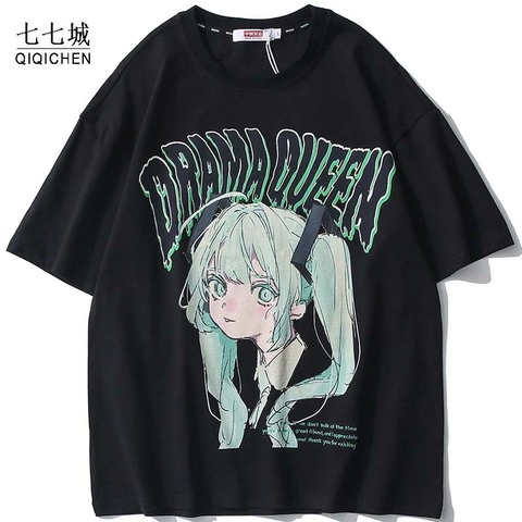 Anime Hip Hop T-shirt Men Green Hair Girl Cartoon Printed O-Neck Streetwear Japanese Harajuku Fashion Tshirts Men Summer Tee Top ► Photo 1/6