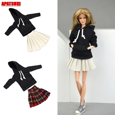 Winter Warm Black Long Sleeve Tops + White Short Mini Dress Outfits Clothes for Barbie Doll Set Clothes for 1/6 BJD Dolls House ► Photo 1/6
