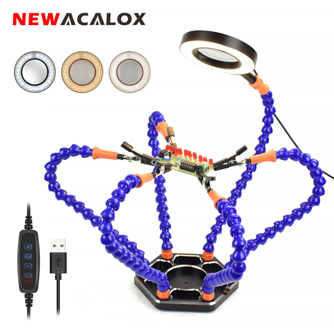 NEWACALOX Soldering Third Hand PCB Helping Hands Welding Rework Station 3X USB LED Magnifier Table Lamp Soldering Iron Stand ► Photo 1/6