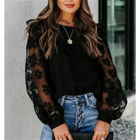 2022 New Woman Vintage Blouse Shirts Transparent Lace Bubble Sleeve Elegant Blouses Tops Autumn Long Sleeve Female Shirts ► Photo 1/4