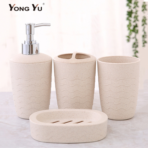 4Pcs/Set Bathroom Accessories Wheat Straw BPA Free Eco-Friendly Soap Dish Dispenser Bottle Washroom Toothbrush Holder Cup Suit ► Photo 1/6