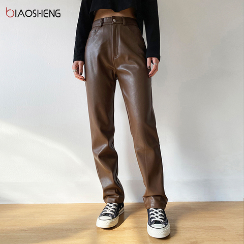 Faux PU Leather Pants For Women Trouser High Waist Straight Leg Pants Fashion Brown Casual Vintage Leisure Pants Streetwear ► Photo 1/6