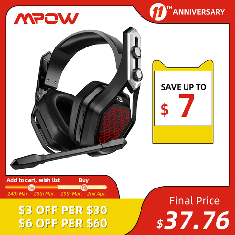 Mpow Iron Pro Wireless Gaming Headset USB/3.5mm Headphone with Noise Canceling Mic 3D Surround 20h Playback for PS5 PS4 PC Gamer ► Photo 1/6