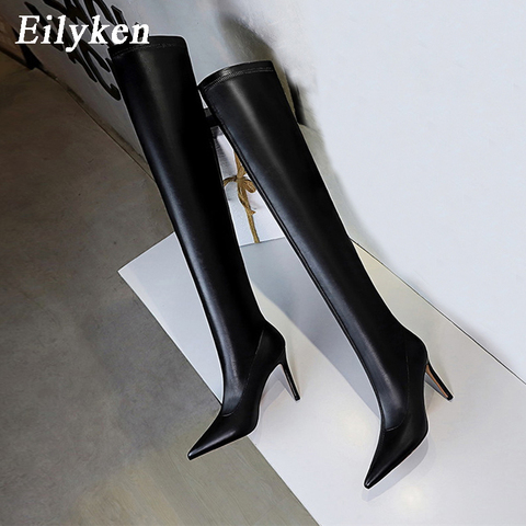 Eilyken New Fashion Motorcycle Thigh High Shoes For Women Sexy Pointed Toe Slip-On Over Knee Boots Female Stiletto Heels ► Photo 1/6