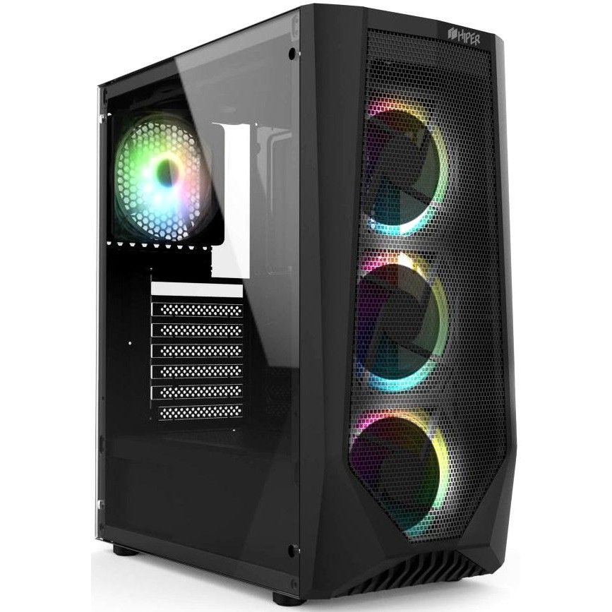 HiPER ORO-4RGB gaming case black (ATX, tempered glass, RGB fan 4x120 mm, 1xUSB, HD Audio) ► Photo 1/5