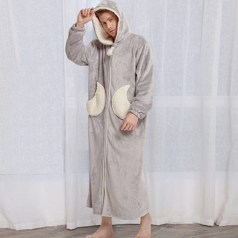 Men Winter Plus Size Long Cozy Flannel Bathrobe Star Thick Warm Coral Plush Zipper Bath Robe Night Dressing Gown Women Sleepwear ► Photo 1/6