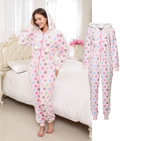 Keep Warm And Soft Flannel Women Onesies Pajama Kigurumi Cute Pink Stars Pattern Pajamas Suit Casual Hooded Long Sleeve Homewear ► Photo 1/6