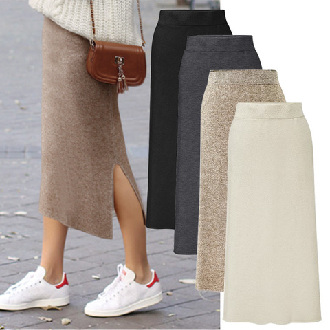 Fashion Autumn Winter Korean Knitted Women Skirts Large Size Elastic Waist Split A-line Skirts Female  Plus Size Skirts ► Photo 1/6