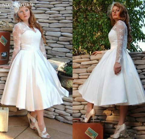 Plus Size Garden V Neck Wedding Dresses Long Sleeves 2022 Tulle Stain A-line Lace Appliques Short Tea Length Bridal Gowns ► Photo 1/4