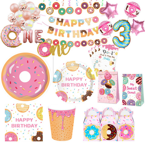 Donut Birthday Party Decor Kids Banner Balloon Disposable Tableware Donut Party Supplies 1st Birthday Party Boy Girl Baby Shower ► Photo 1/6