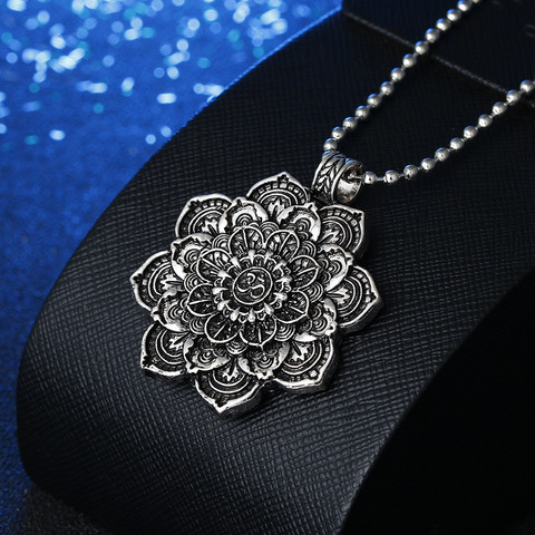 Vintage Alloy Mandala Lotus Flower Pendant Necklaces For Women Charm Leather Chain Amulet Yoga Jewelry ► Photo 1/4