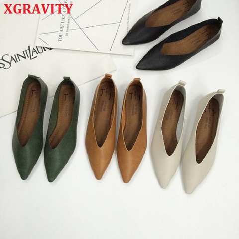 XGRAVITY Top Quality Princes Flats Women Flat Shoes Vintage Deep V Design Lady Fashion Shoes Elegant European Women Flats A147 ► Photo 1/6