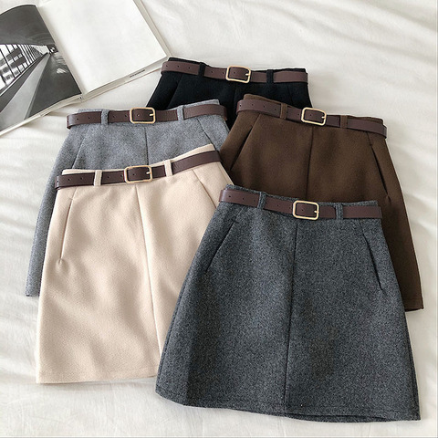 Casual Korean Women Winter Mini A-Line Skirts Vintage Female Sashes High Waist Skirts Kawaii Students Empire Above Knee Skirt ► Photo 1/6